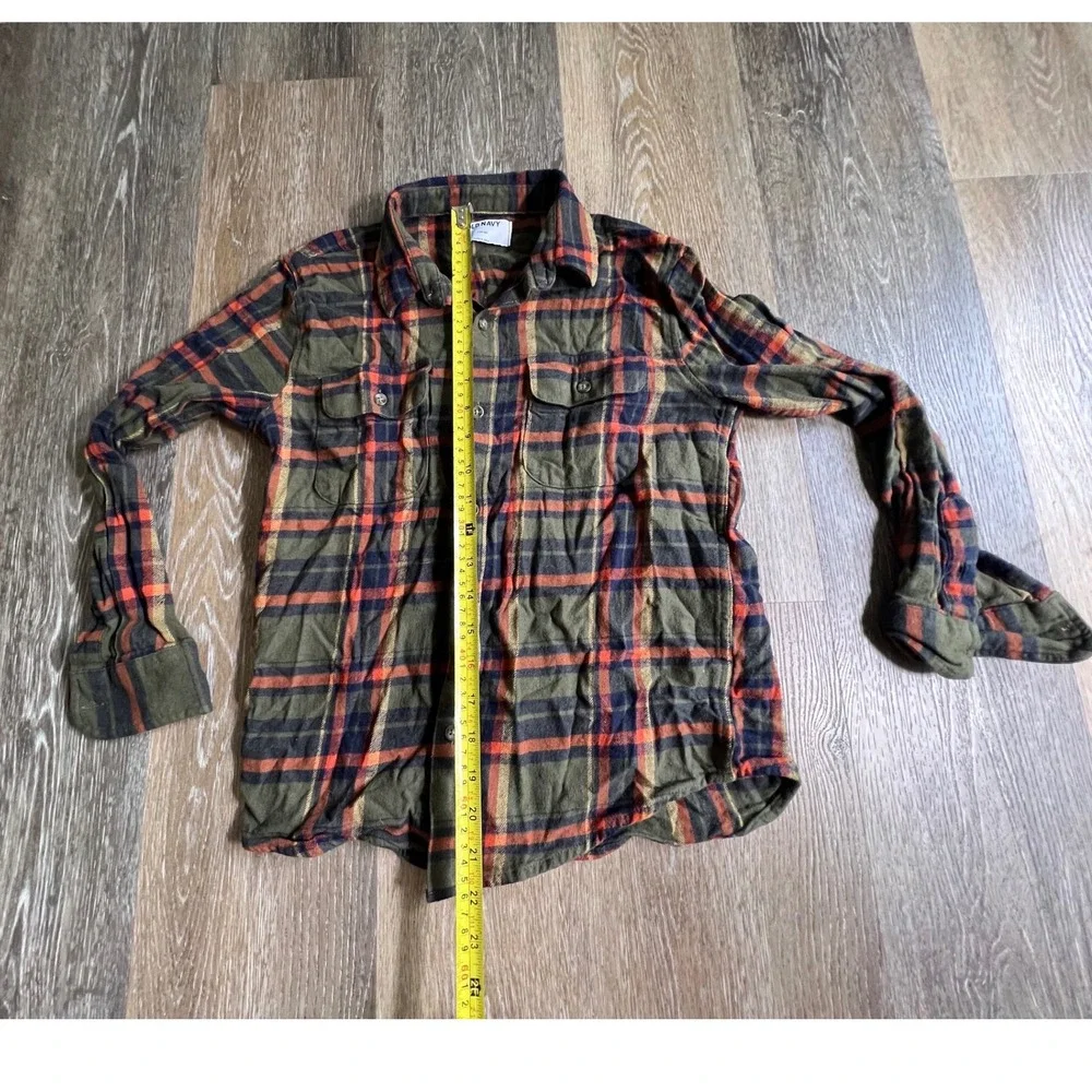 Old Navy Flannel Shirt Kids Size L 10-12 Olive Green Orange Plaid Button Down